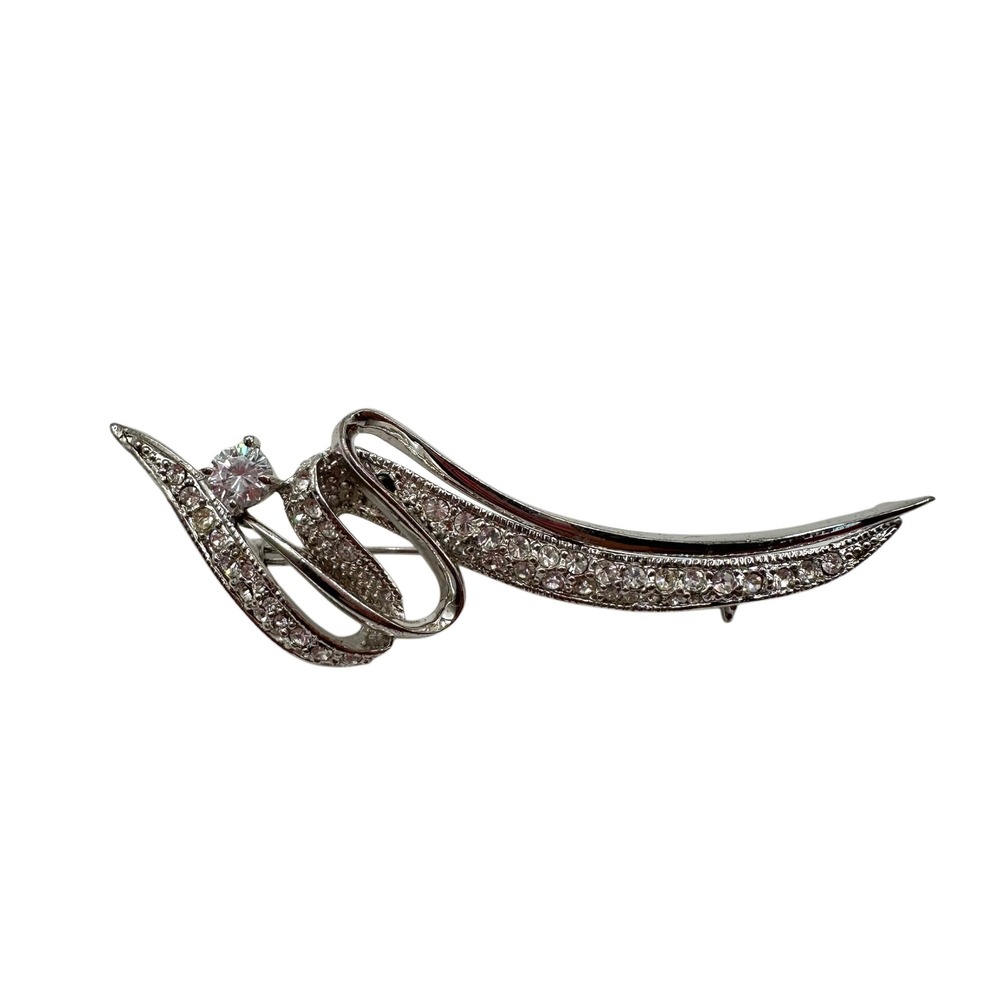 Vtg Silver Tone Abstract Ribbon Brooch Clear Rhinestone Solitaire Pin Art Deco